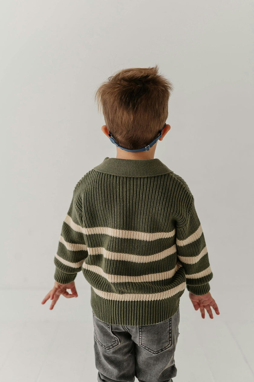 Boys Striped Zip Up Sweater in Woodland Moss Stripe