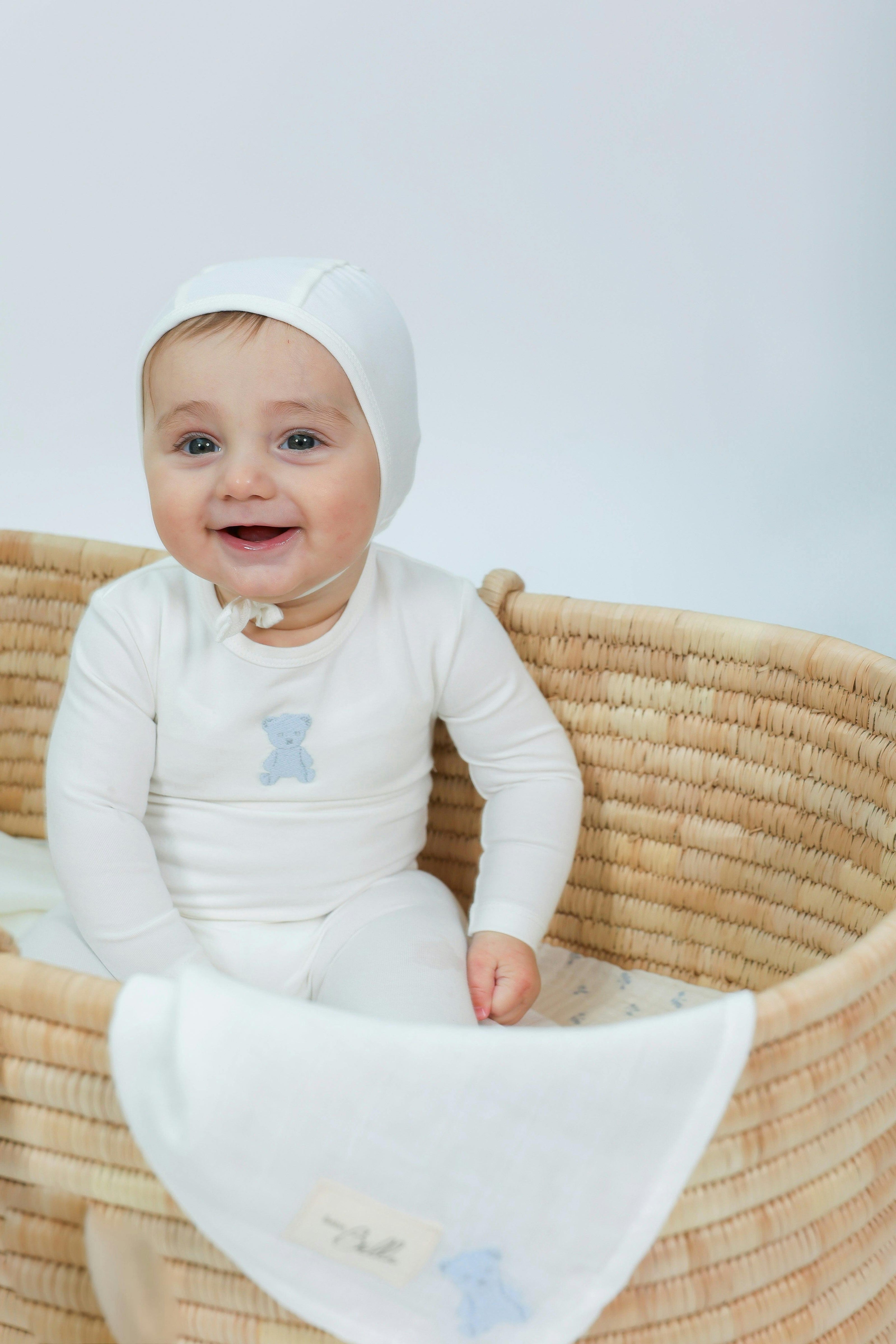 Bear Embroidered Snap Front Romper and Bonnet Two Piece Set