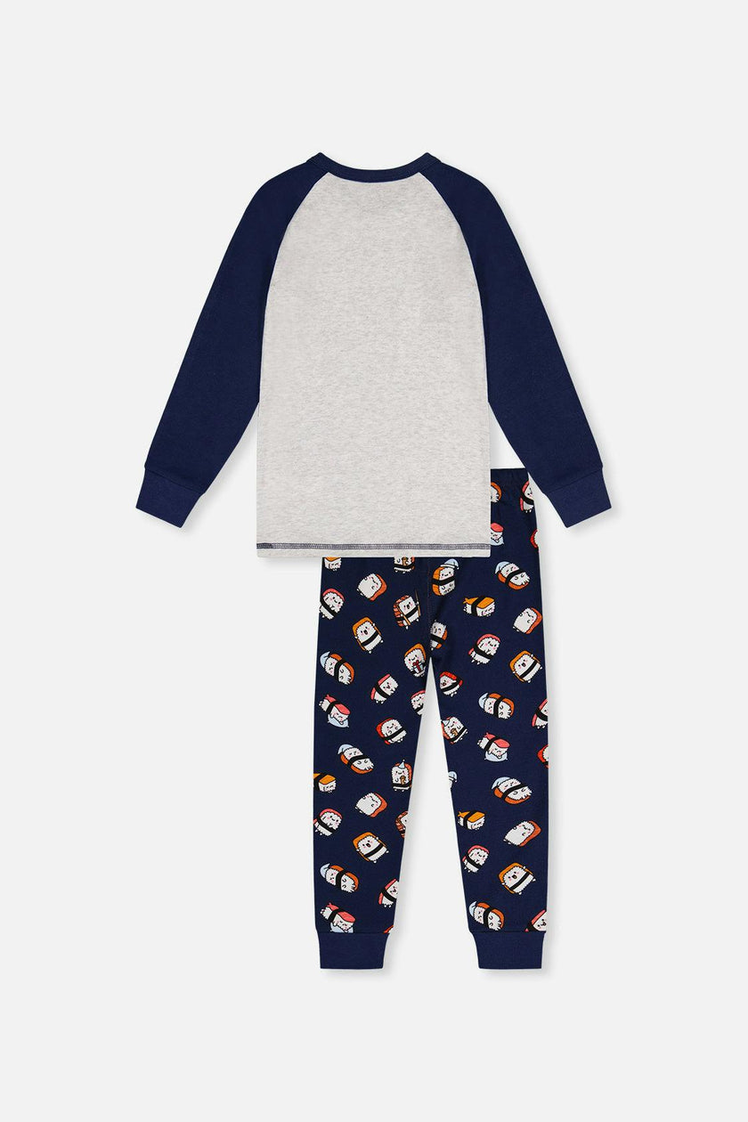 Organic Cotton Two Piece Pajama Set Blue Sushi Print
