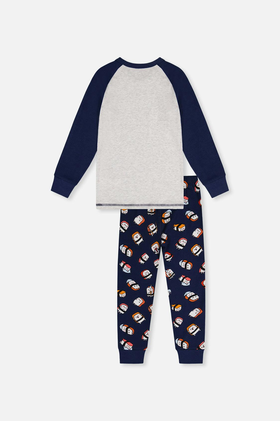 Organic Cotton Two Piece Pajama Set Blue Sushi Print