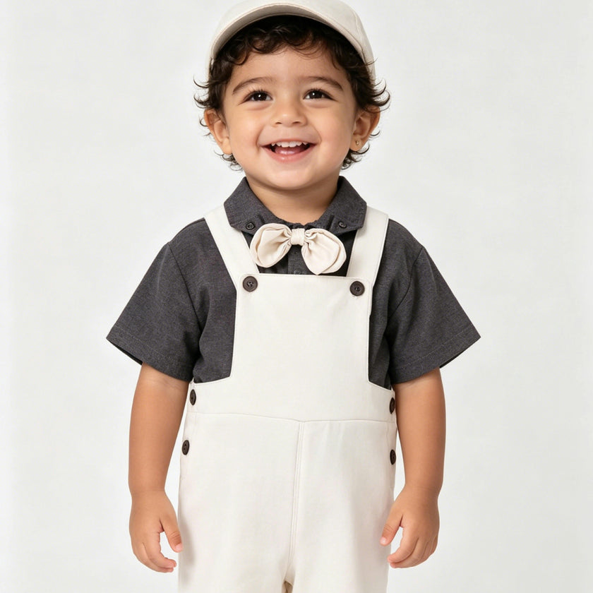 Beige Bow Overall Set