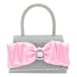 Pink Bow Accented Silver Rhinestone Handbag