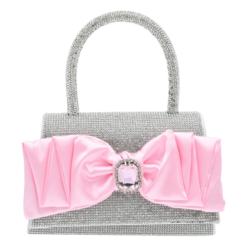 Pink Bow Accented Silver Rhinestone Handbag