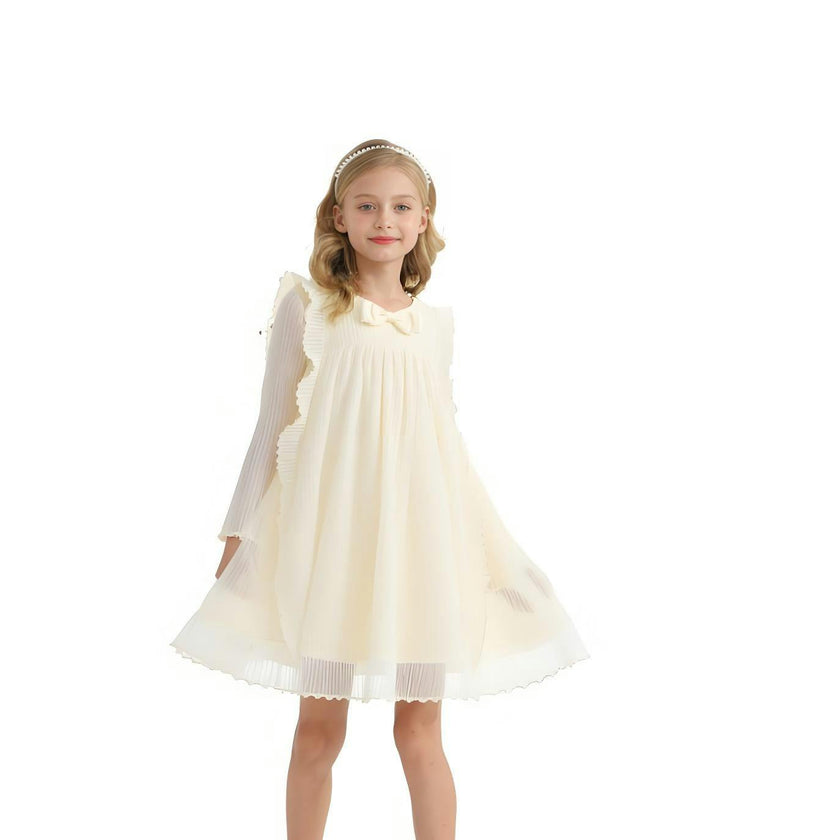Cream Pleated Bow Dress