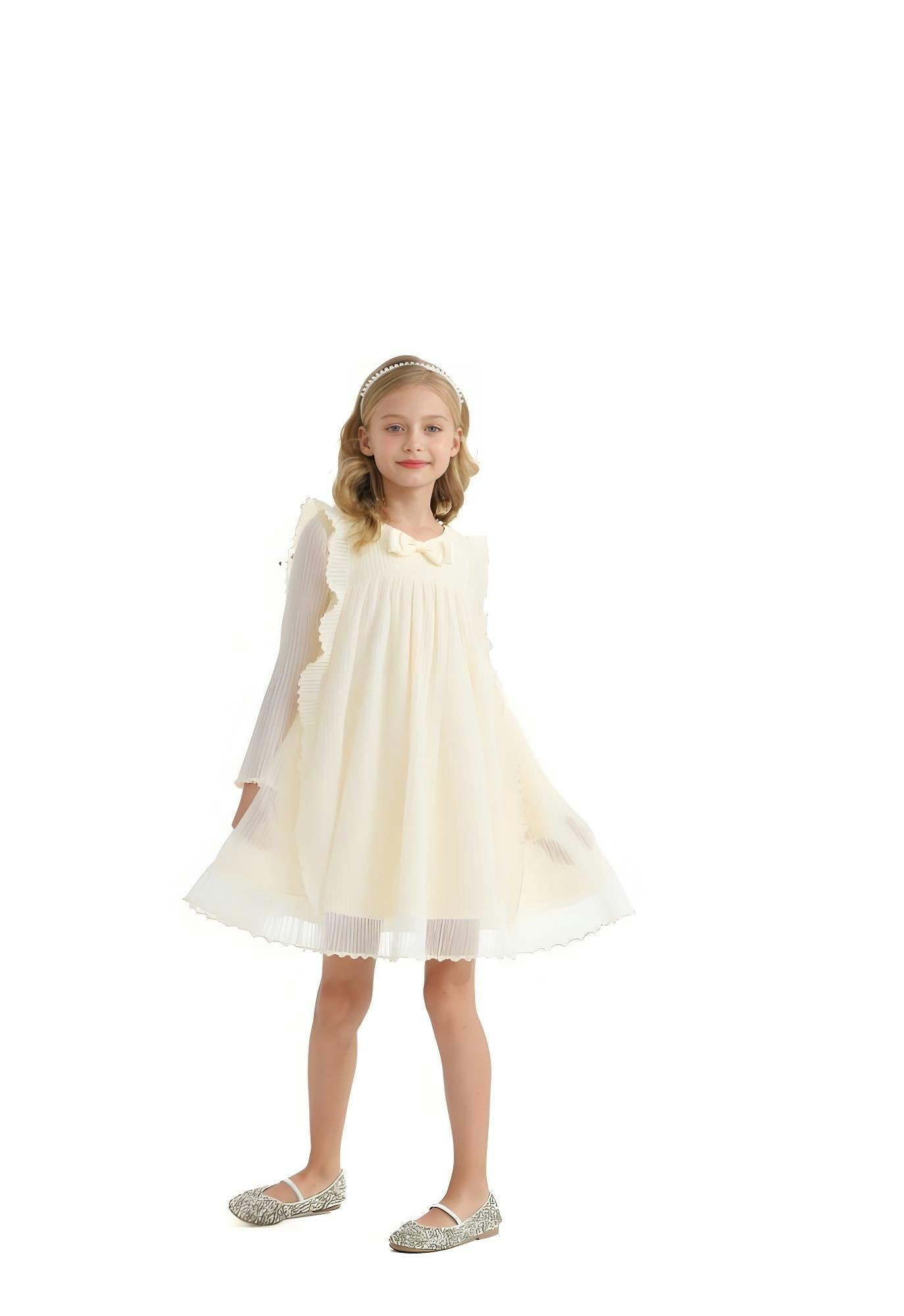 Cream Pleated Bow Dress