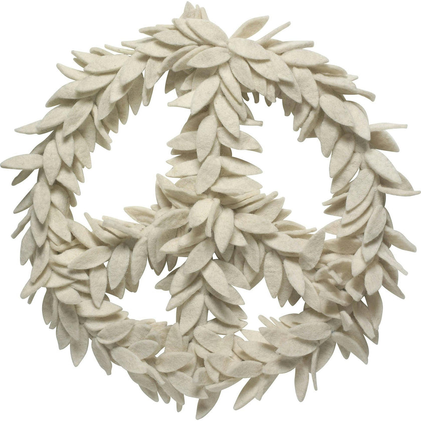 Handmade Hand Felted Wool Wreath - Peace Symbol Cream - 14"