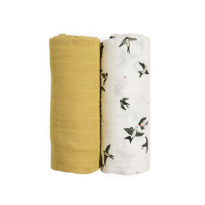 Organic Cotton Muslin Swaddle Blanket 2 Pack - Swallows