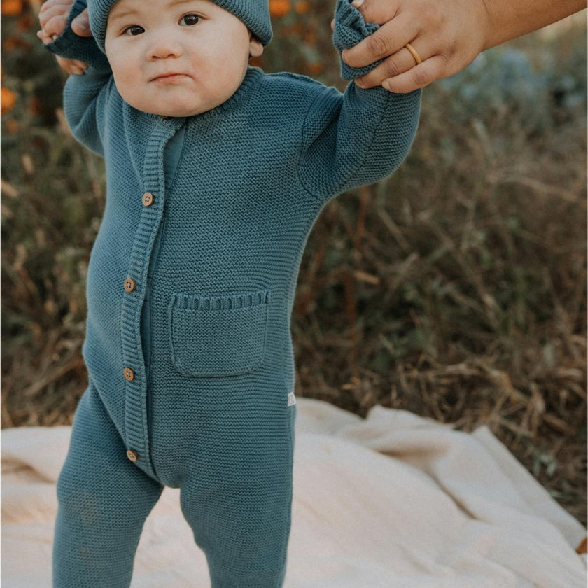 River Garter Stitch Romper in Bluestone