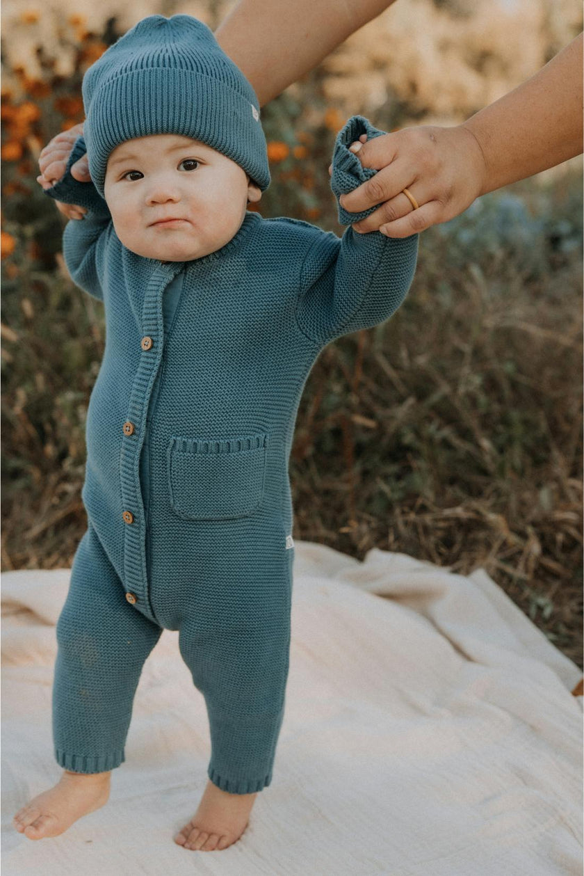 River Garter Stitch Romper in Bluestone