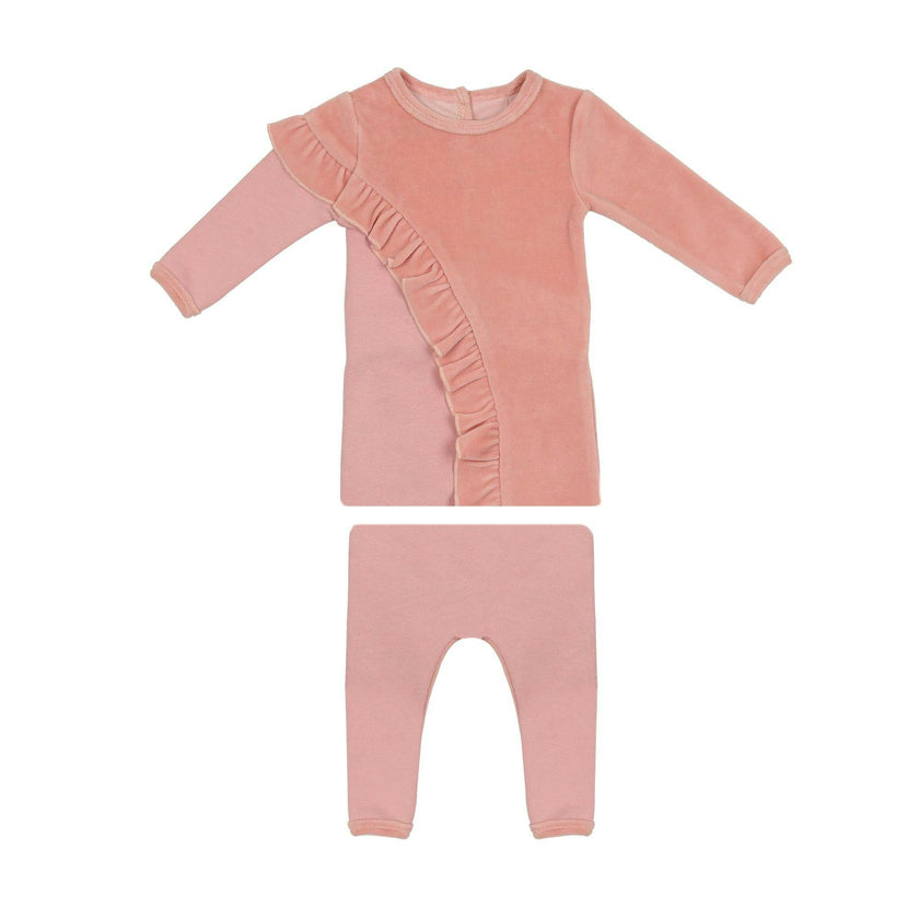Velour French Terry Ruffle Long Sleeve Top & Pant 2-Piece Set