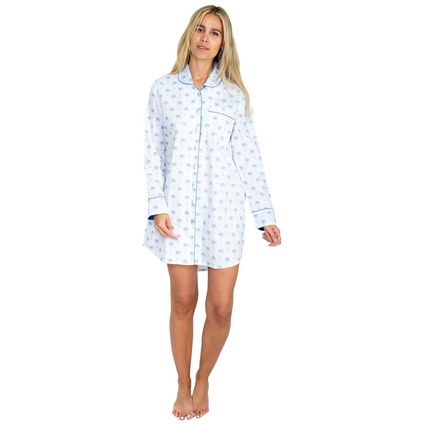 Women's Blue Palm Tree Night Shirt - Organic Cotton Poplin