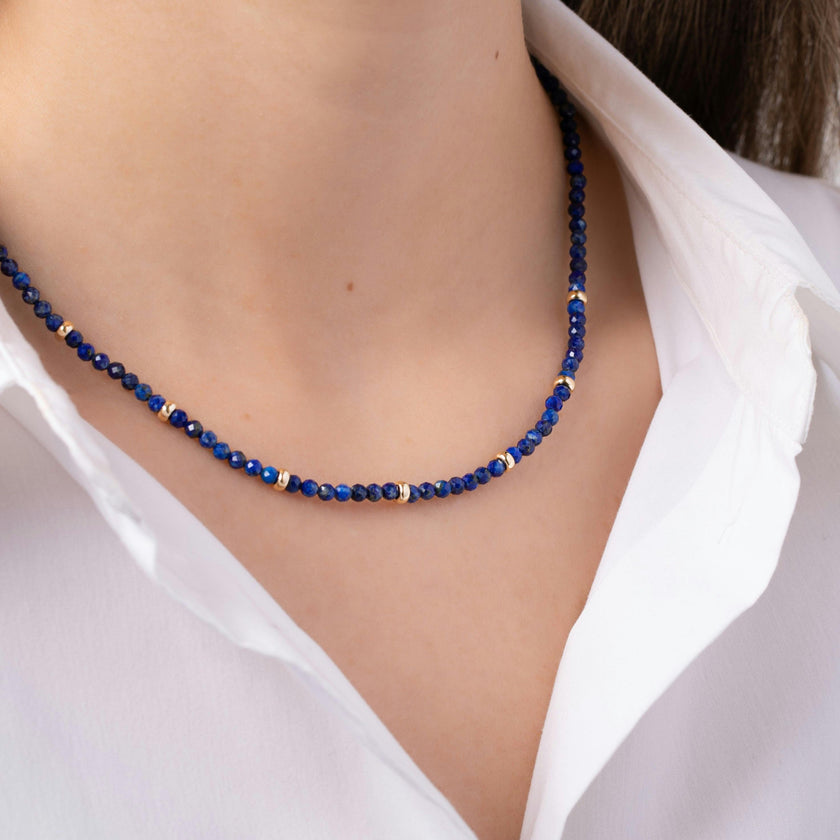 14K Gold Blue Lapis Segment Bead Necklace