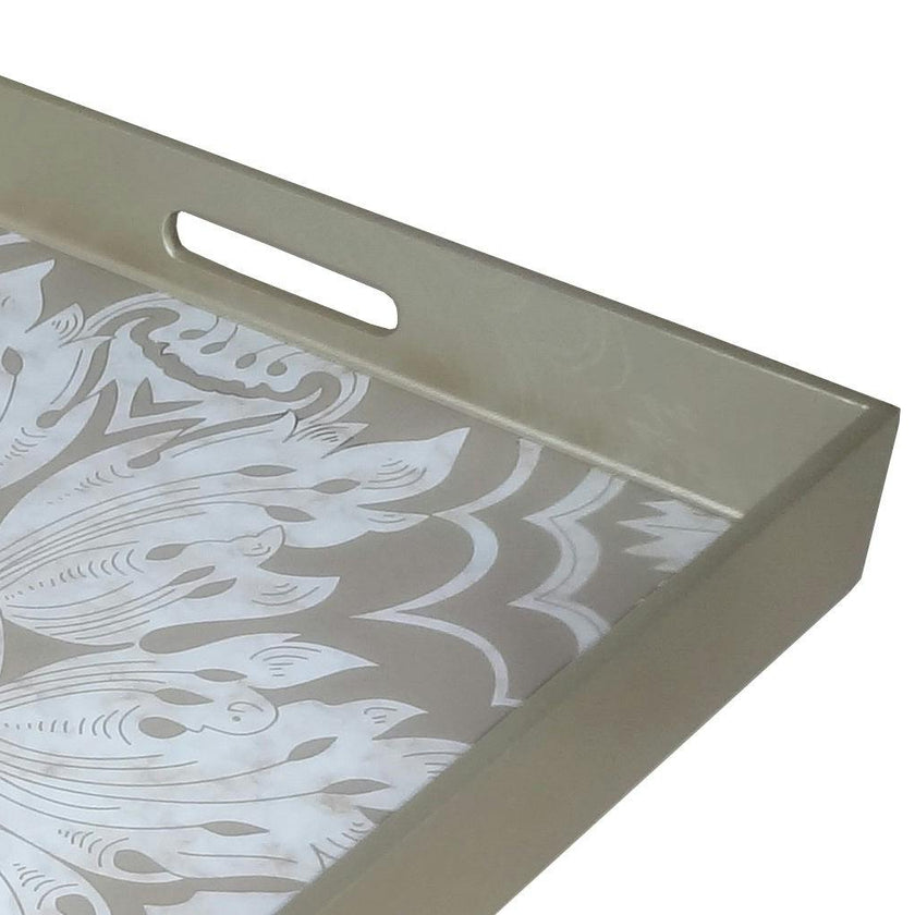 Handmade Reverse Painted Mirror Tray with Handles in Beige and Silver - Medium