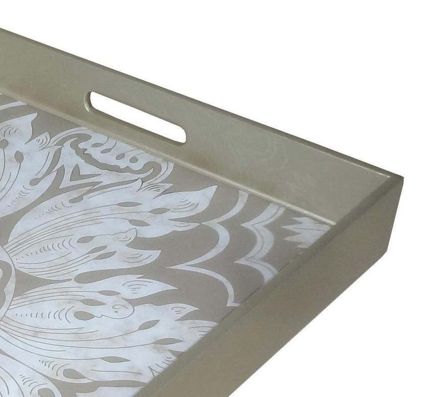 Handmade Reverse Painted Mirror Tray with Handles in Beige and Silver - Medium