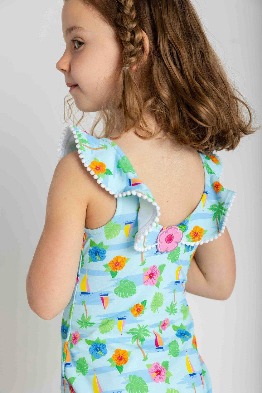 Tropical Print Ruffle Neck Swimsuit