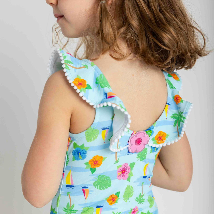 Tropical Print Ruffle Neck Swimsuit