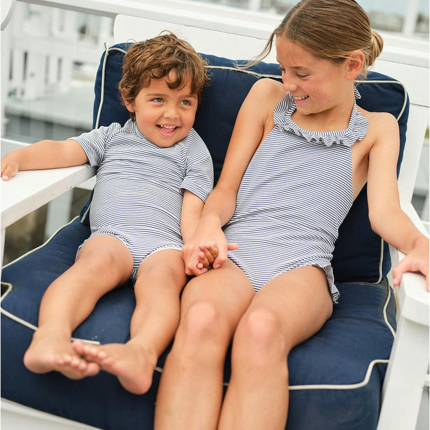 Girls Harbor Stripe Ruffle Halter One Piece