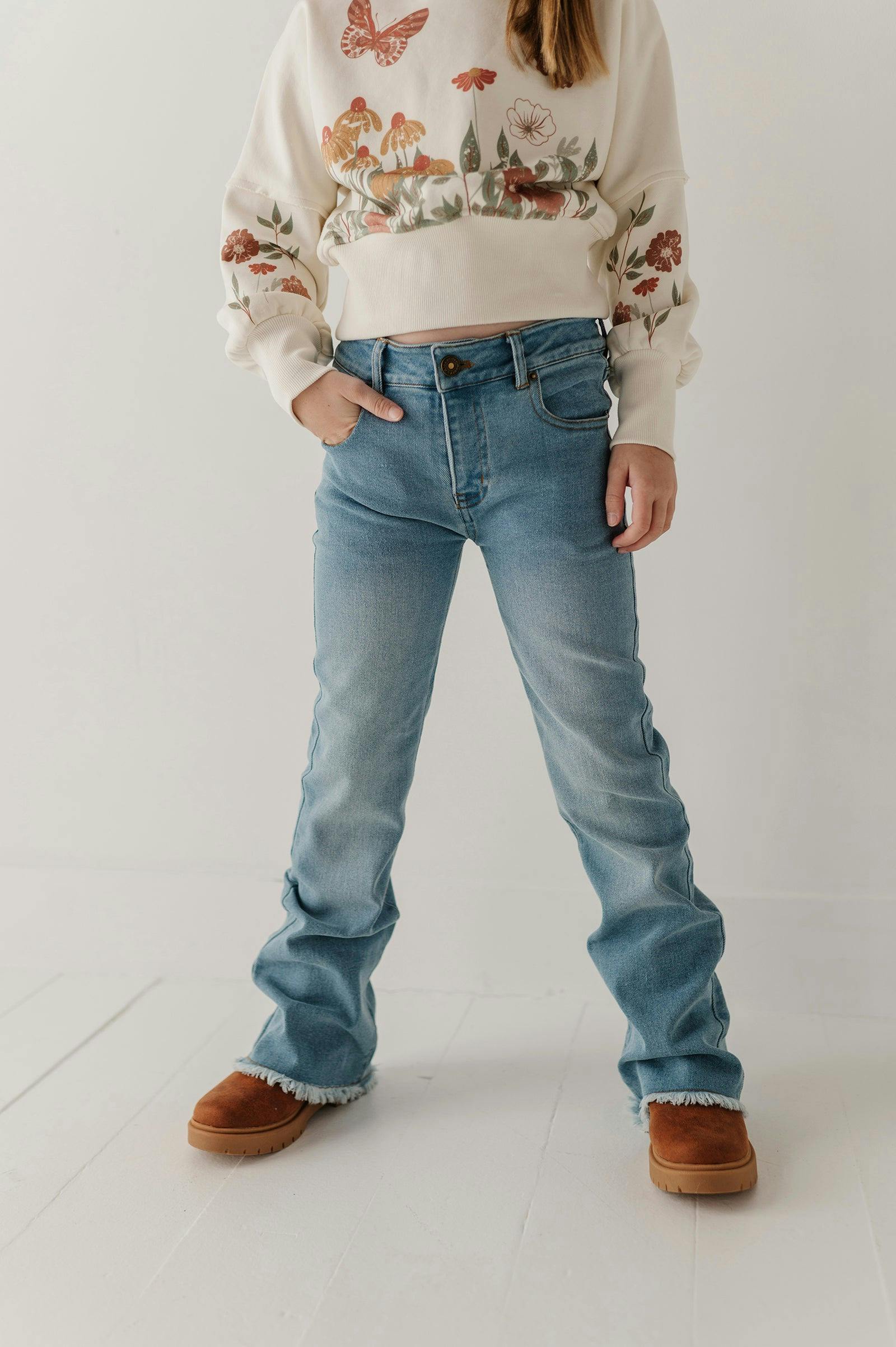 Girls Denim Jeans with Embroidery in Light Vintage Wash