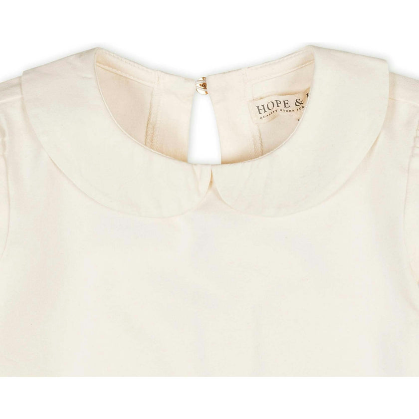 Organic Long Sleeve Knit Top with Woven Collar, White