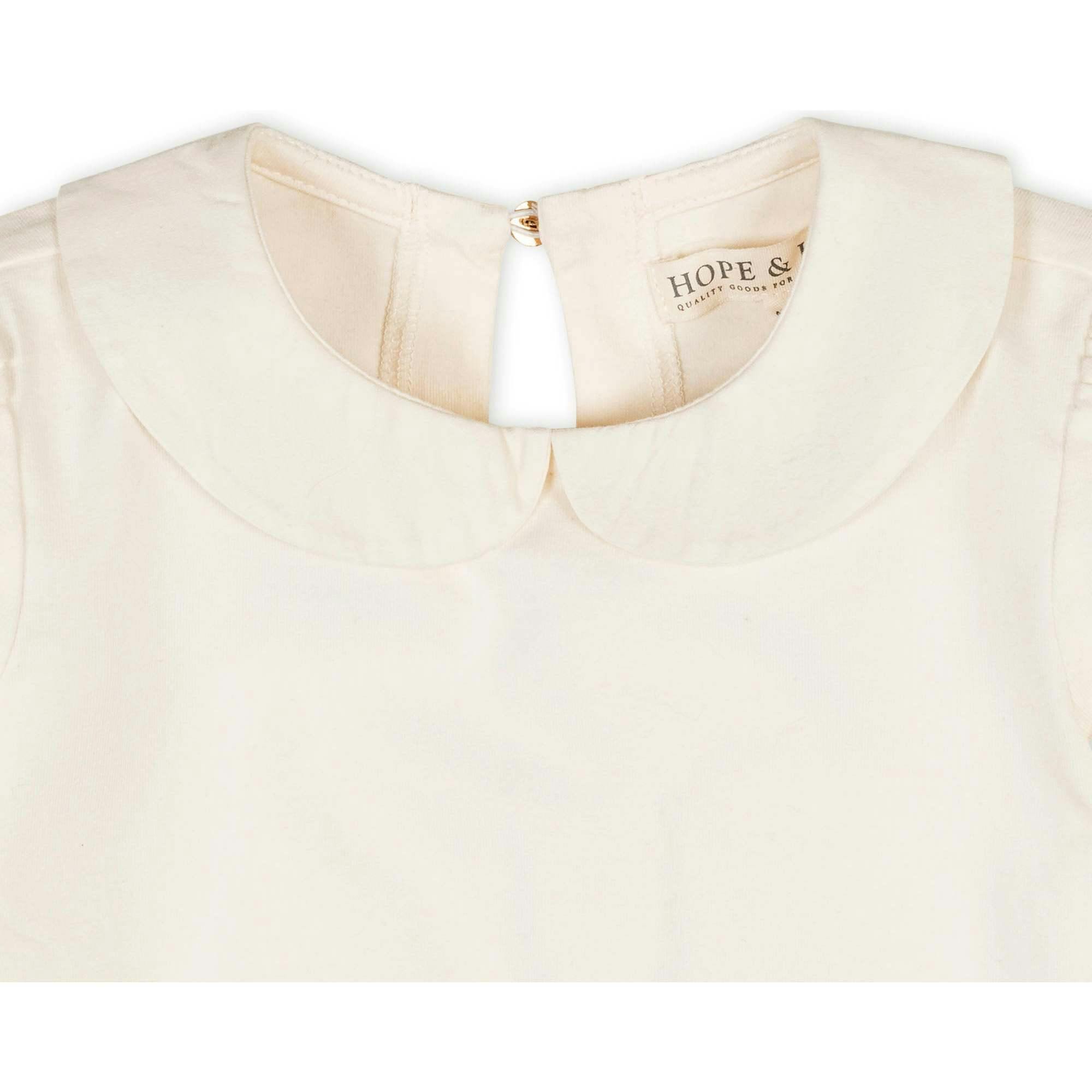 Organic Long Sleeve Knit Top with Woven Collar, White