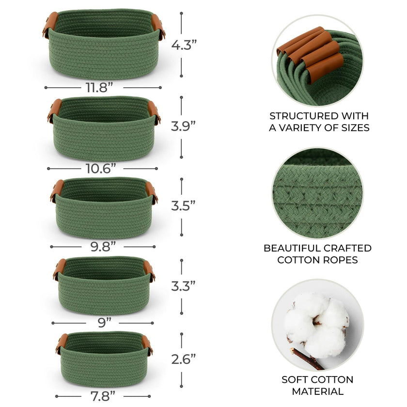 Beautiful Storage Basket Set of 5 - Modern Cotton Rope Baskets for Organizing Shelves - Perfect Bins for Nursery, Changing Table, Office and Living Room