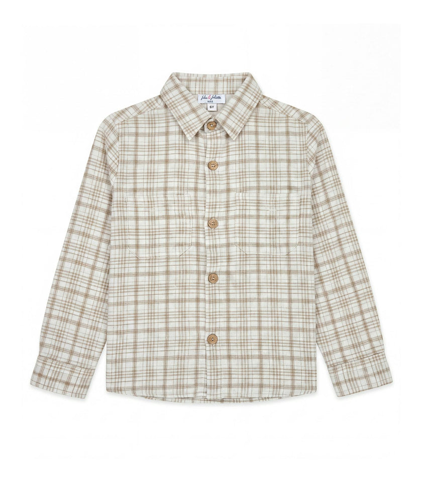 Achille Boy Shirt Long Slevees with 2 Pockets, Beige Grey Tartan