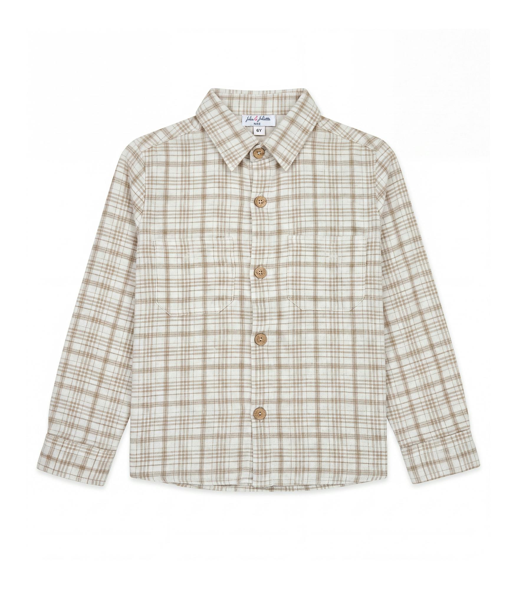Achille Boy Shirt Long Slevees with 2 Pockets, Beige Grey Tartan