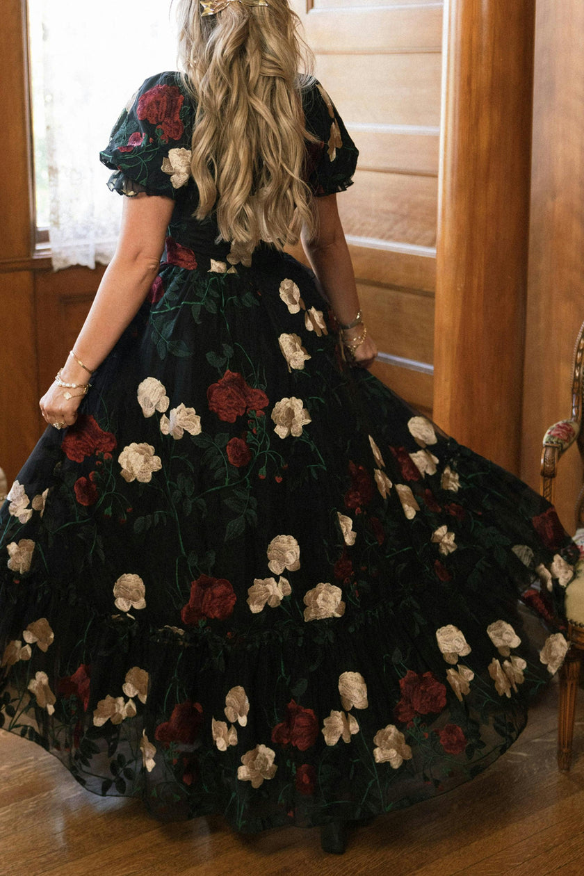 Amora Dress in Obsidian Rose Embroidery