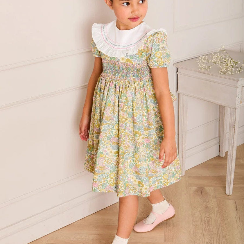 Charlotte Floral Hand Smocked Embroidered Collar Short Sleeve Dress in Green (4-8yrs)