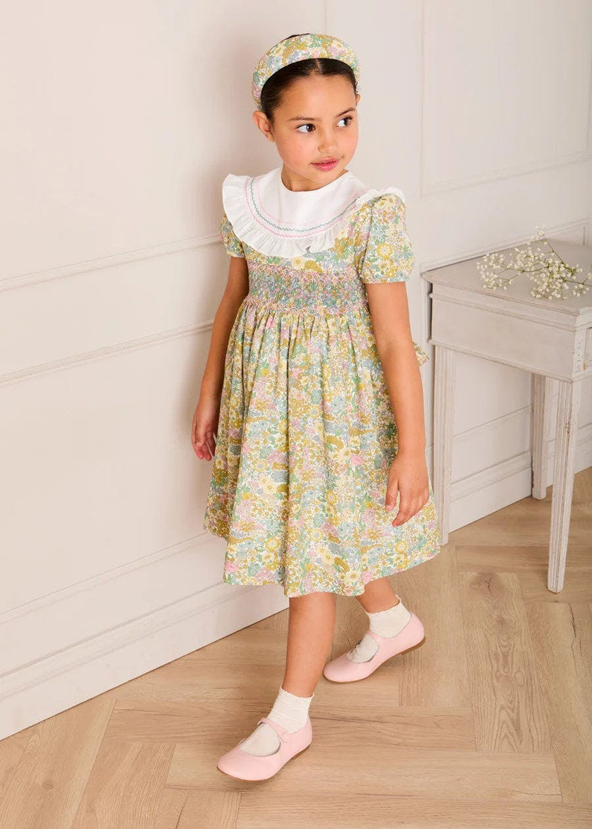 Charlotte Floral Hand Smocked Embroidered Collar Short Sleeve Dress in Green (4-8yrs)