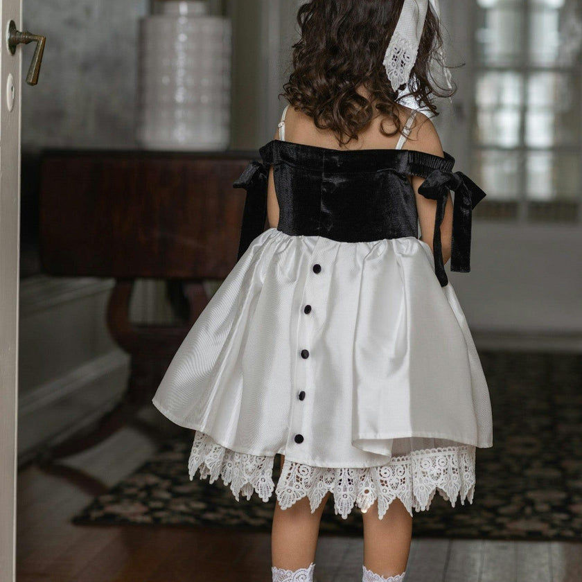 Audrey Black Velour Top and White Sateen Dress