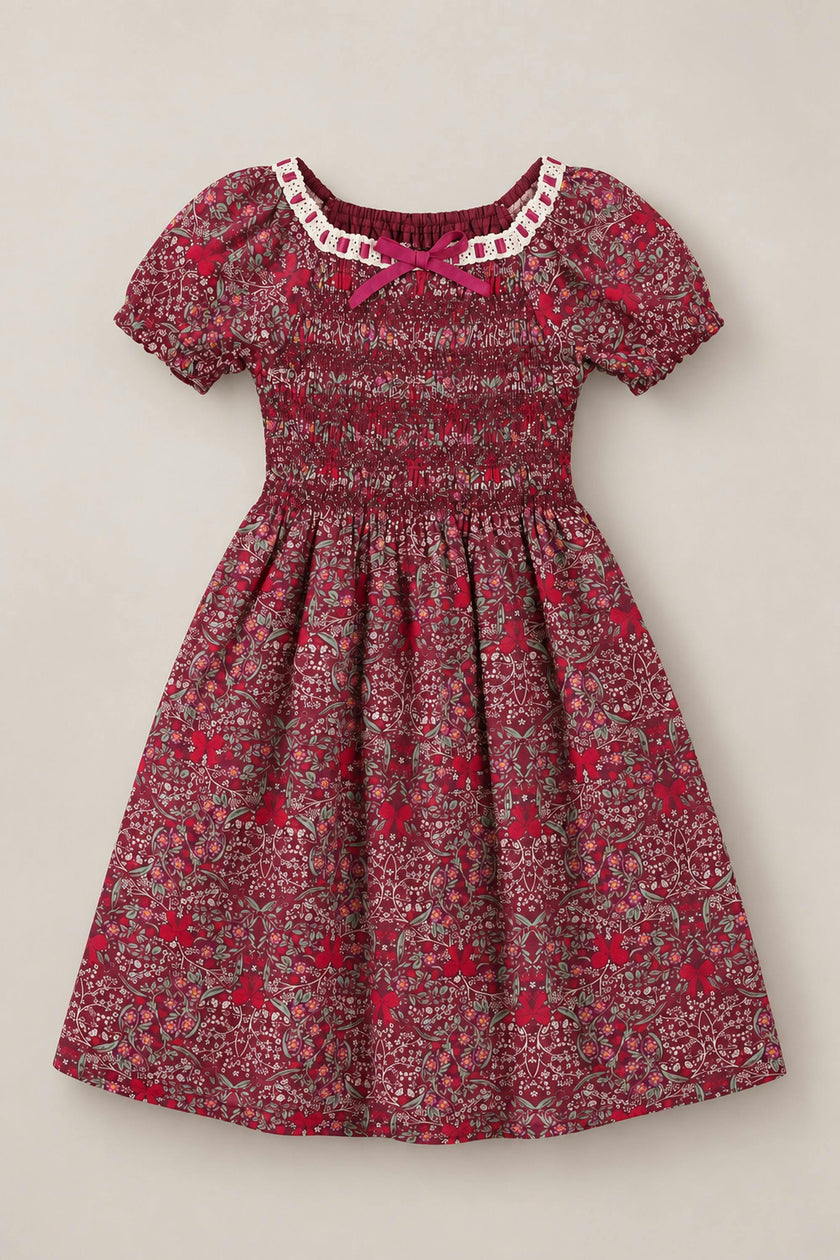 Mini Sunday Best Dress in Garnet Ribboned Garden