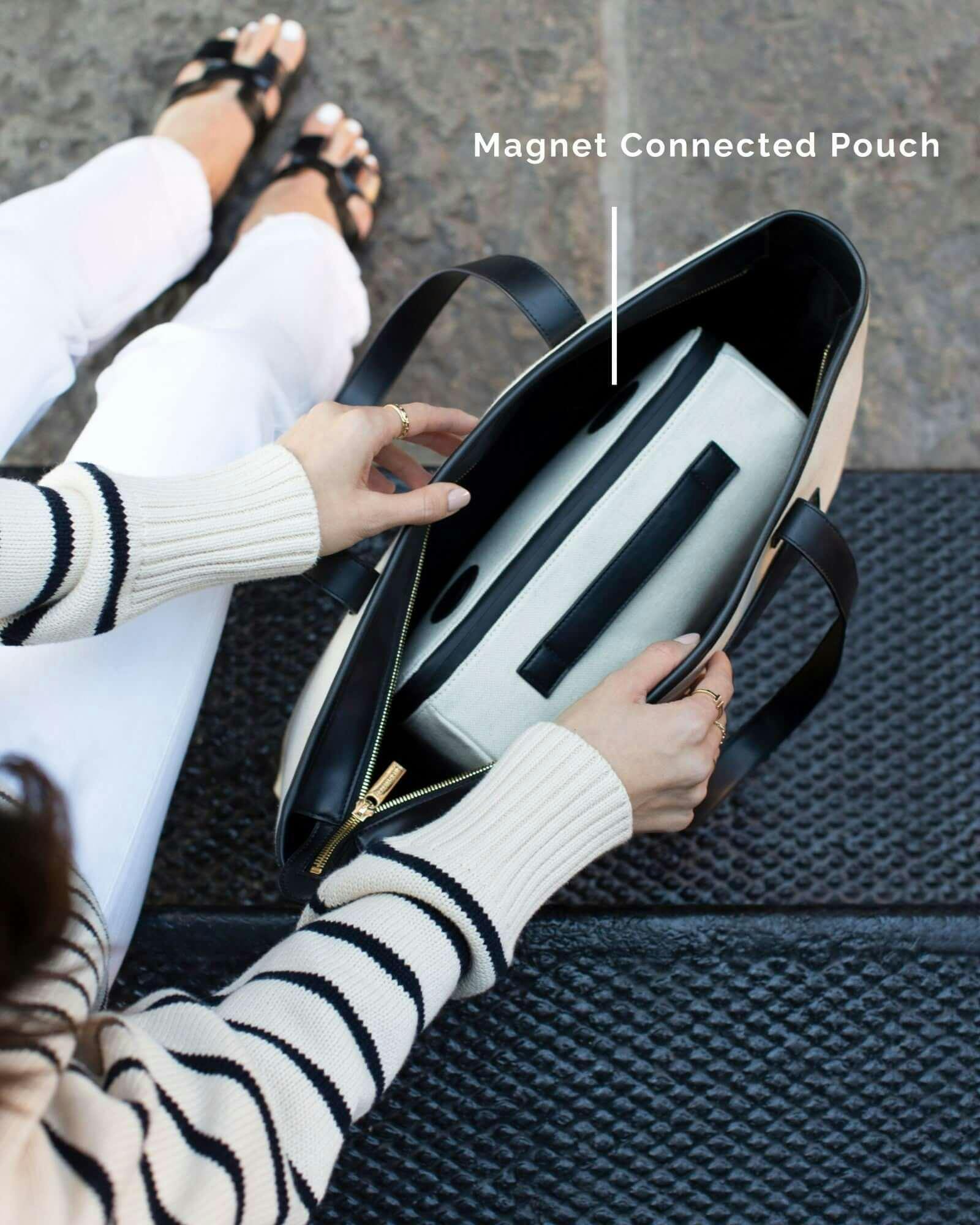 Vegan Leather Work Tote Bag with Removable Insulated Pouch, Black Canvas