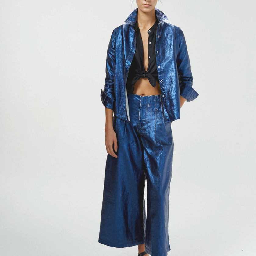 Culotte Metallic Linen Pants - Dark Blue