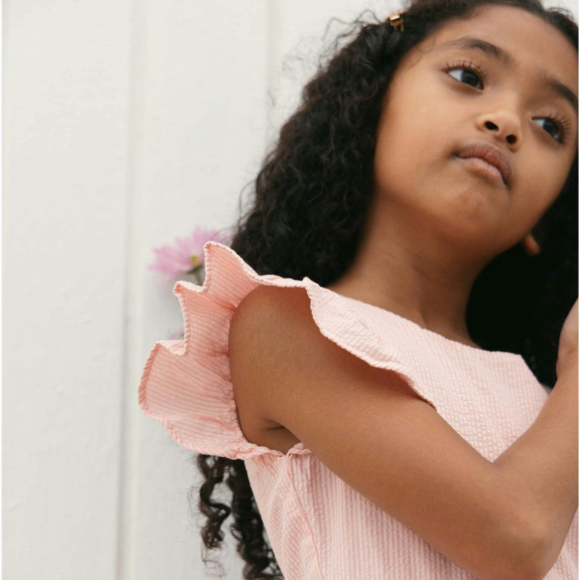 Organic Seersucker Ruffle Sleeve Peplum Dress, Pink