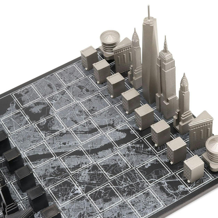 Chess Set Stainless Steel NEW YORK with Wood Map Board