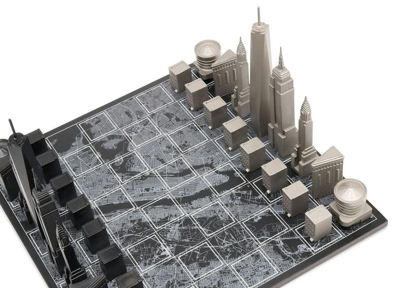 Chess Set Stainless Steel NEW YORK with Wood Map Board