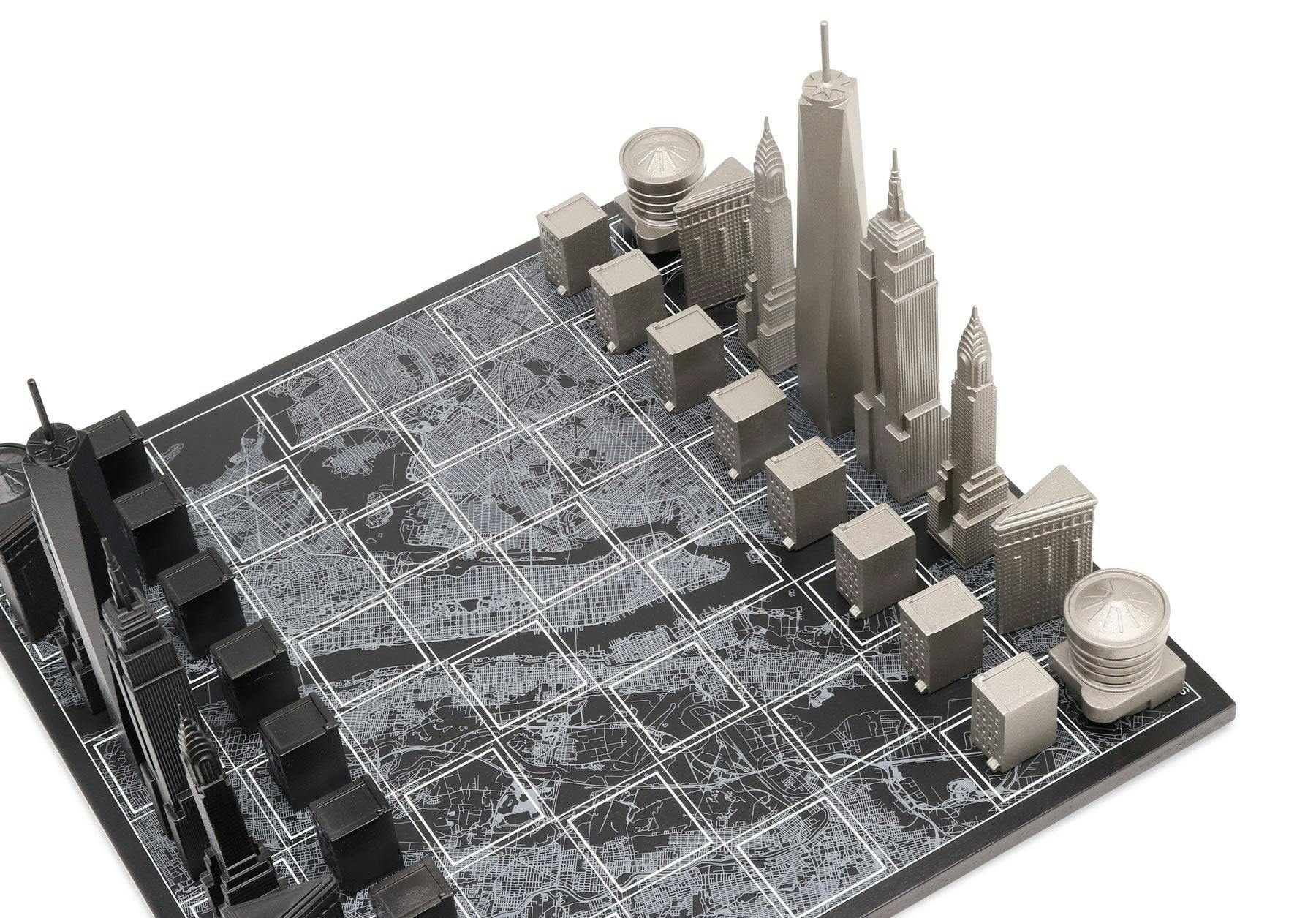 Chess Set Stainless Steel NEW YORK with Wood Map Board