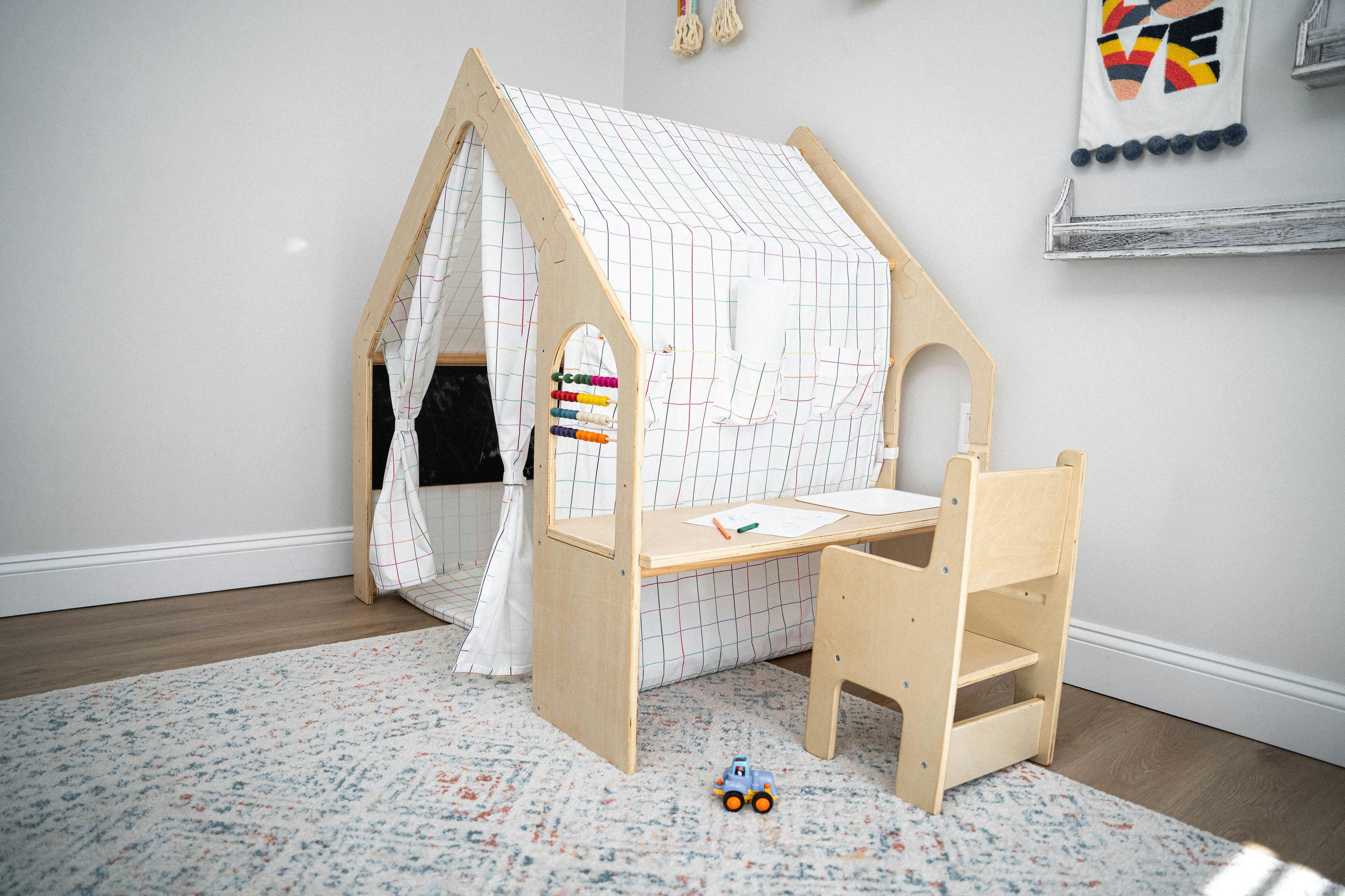 Flair | Indoor Wooden Playhouse with Desk, Chair & Chalkboard for Toddlers and Kids