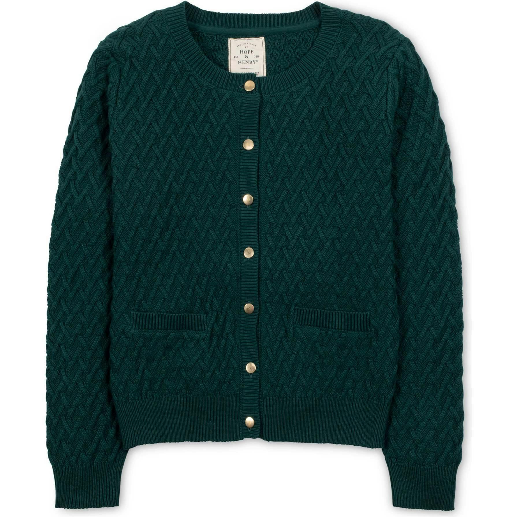 Organic Herringbone Stitch Cardigan Sweater, Green