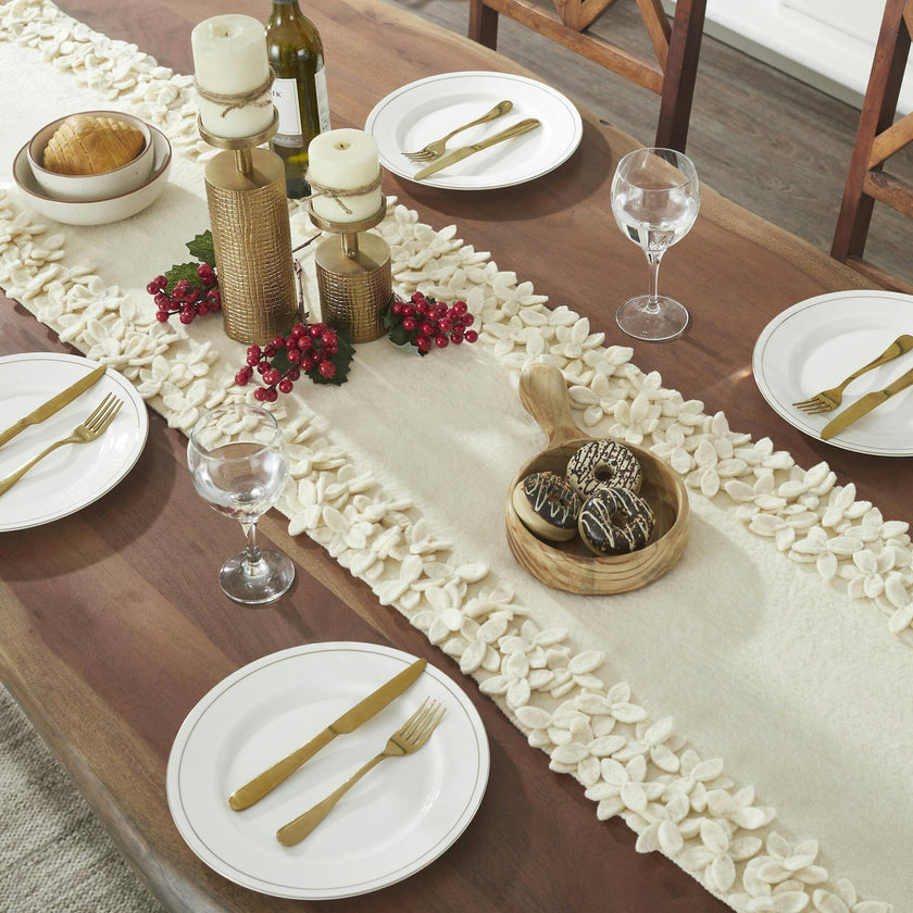 Hand Felted Wool Floral Border Table Runner Cream, 16" x 90"