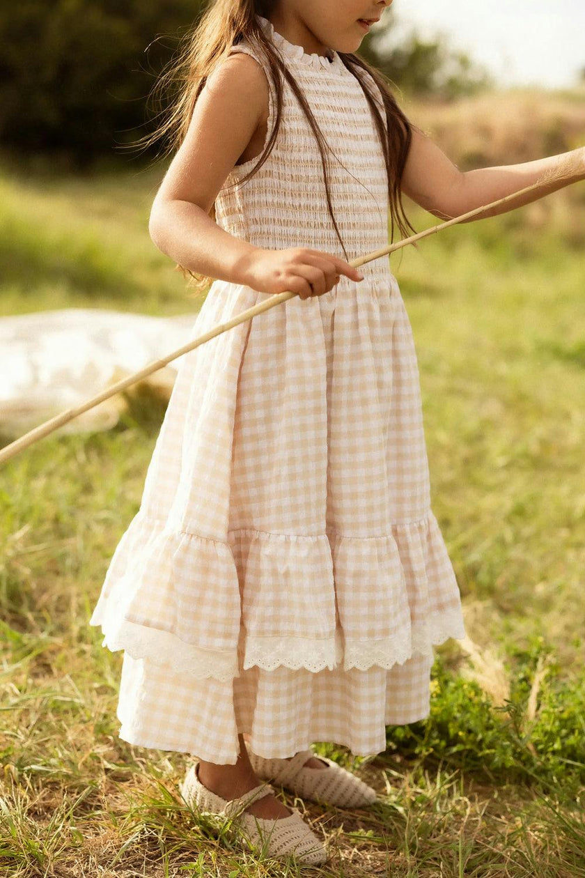 Mini Presley Sleeveless Dress in Cream Gingham