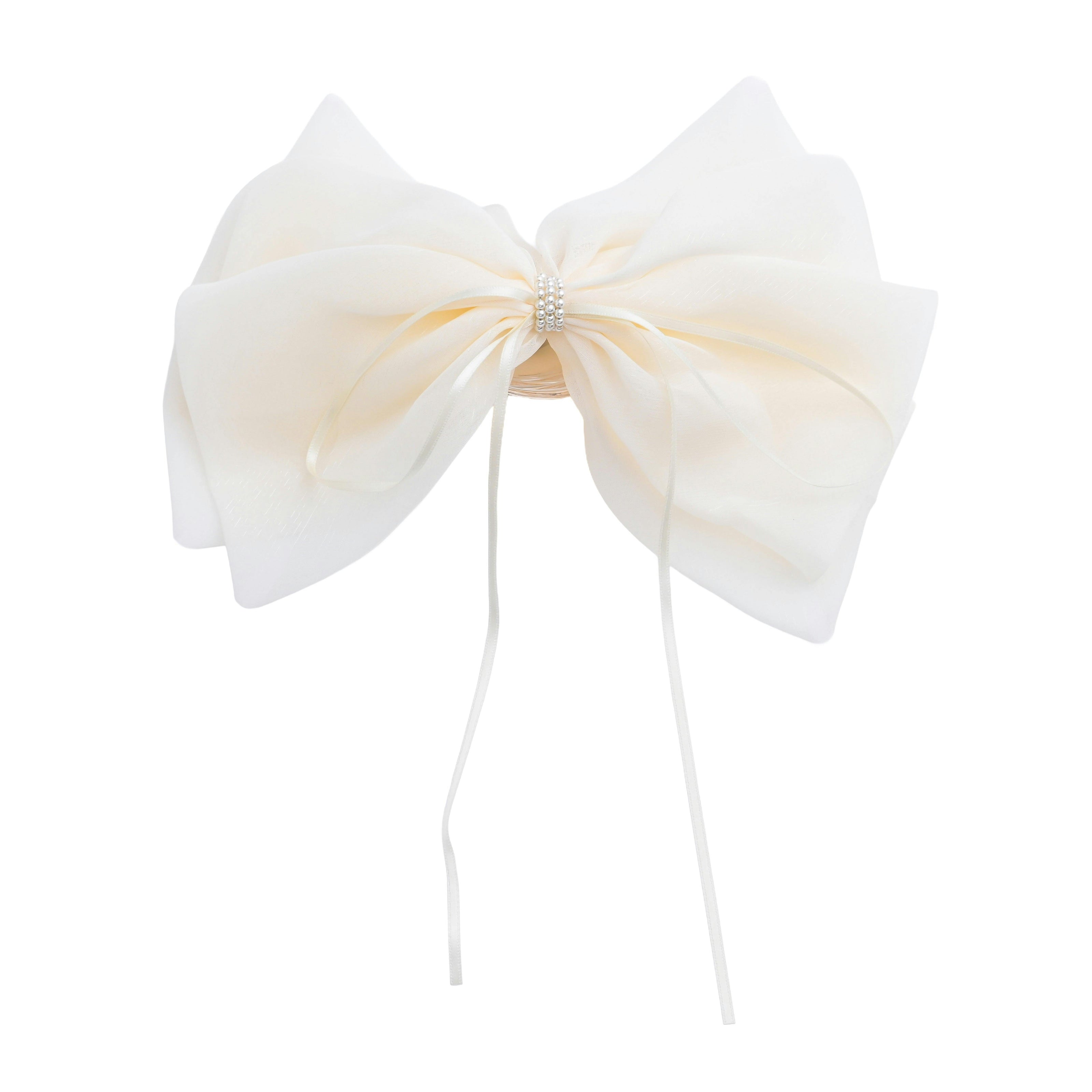 Ivory Chiffon Bow Claw Clip with Rhinestone Center