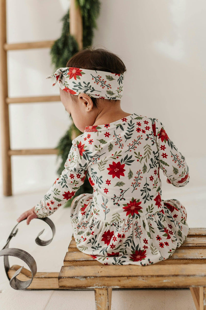 Baby Girl Long Sleeve Bodysuit Dress Set in Poinsettia