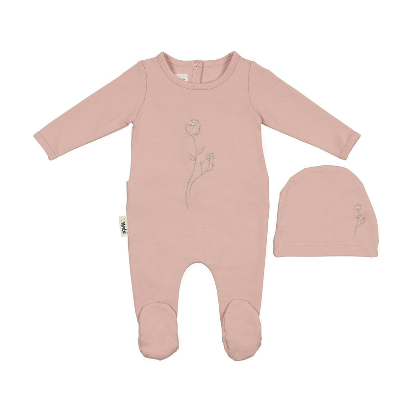 Embroidered Rose Footie and Beanie Set