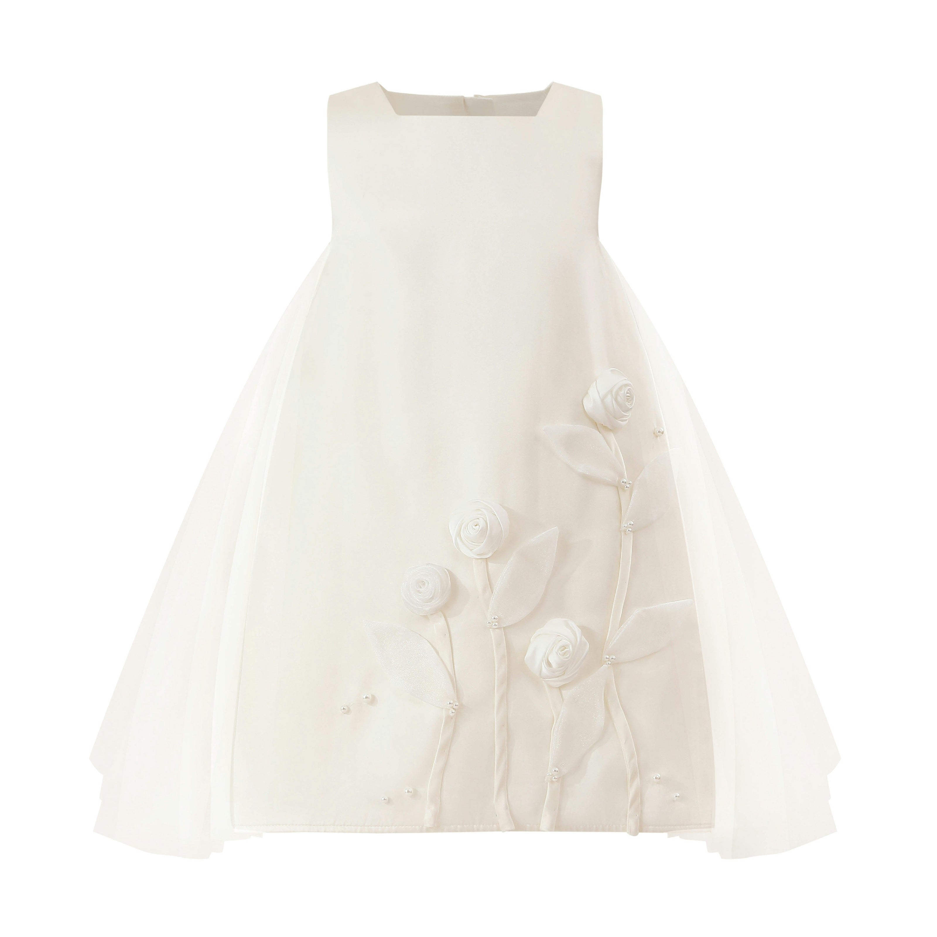 White Valmonta Satin Dress with Floral Accents