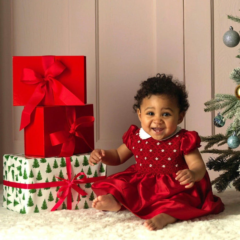 Baby Red Taffeta Rosebud Smocked Dress