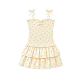 Lola Pastel Yellow Ditsy Satin Smocked Ruffle Dress