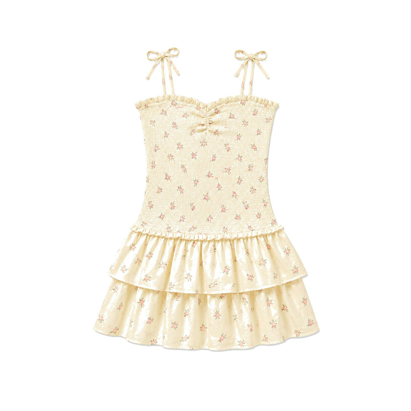 Lola Pastel Yellow Ditsy Satin Smocked Ruffle Dress