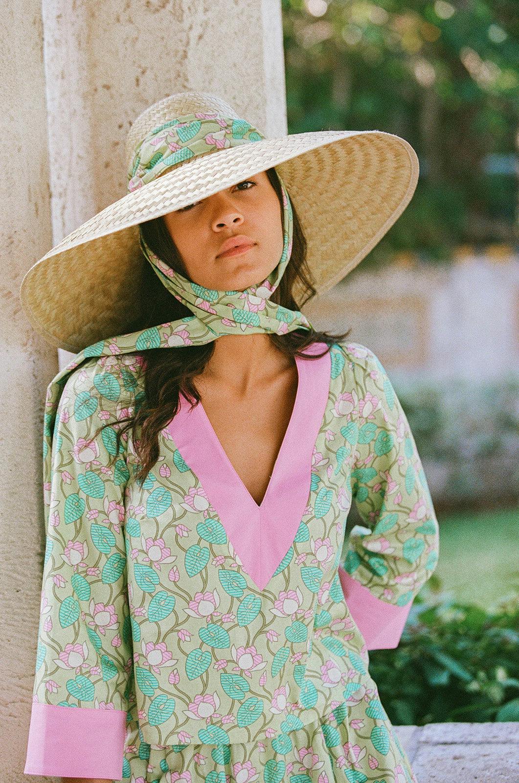 Geranium Sun Hat - Short & Wide French Blue Grosgrain Ribbon